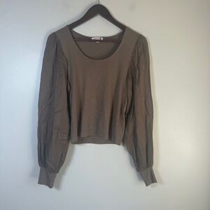 Sundry Womens Top Long Sleeve Ribbed Crew Neck Puff Sleeve Brown Size 2